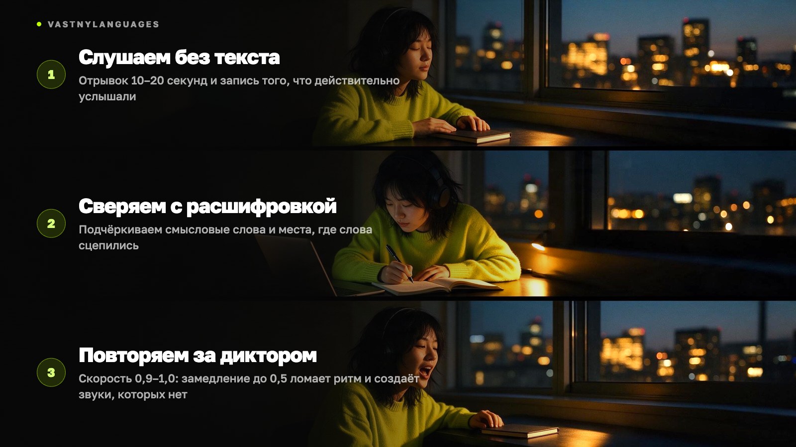 Микродиктант в три захода — услышать, сверить с текстом и повторить за диктором