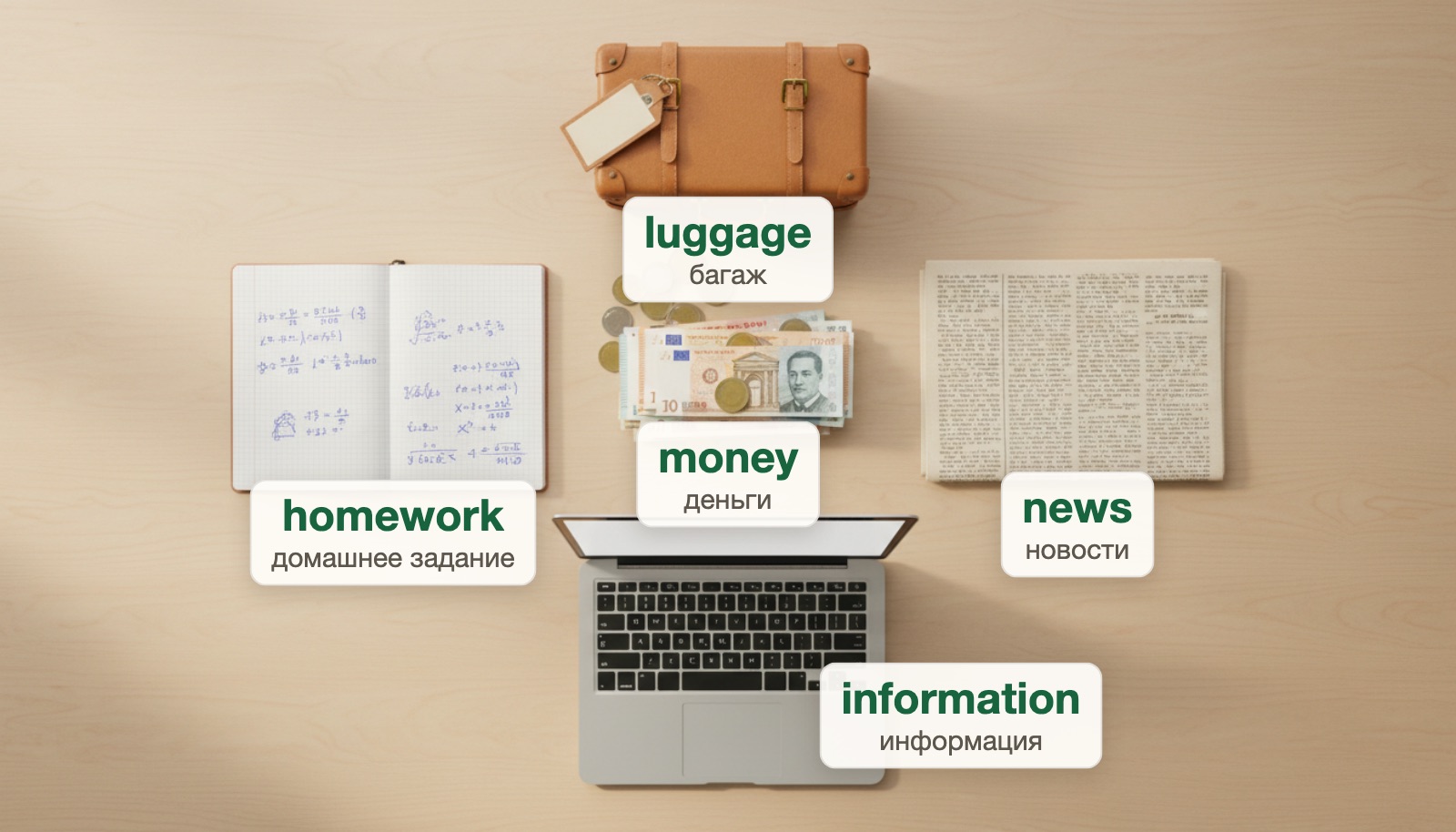 Неисчисляемые слова на знакомых предметах: luggage — багаж, homework — домашнее задание, money — деньги, news — новости, information — информация.